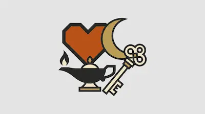 Flat illustration of a geometric red heart, a golden crescent moon, a skeleton key, and a lit oil lamp on a gray background