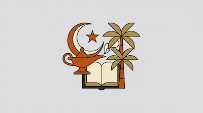 Flat illustration of an open book, a crescent moon with a star, an oil lamp, and palm trees on a gray background