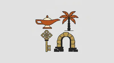 Flat illustration of an oil lamp, a palm tree, a golden key, and a stone archway on a plain light gray background