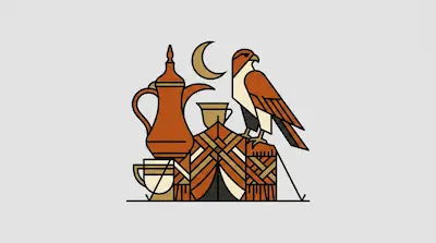Flat illustration of a falcon perched on a patterned tent next to a traditional coffee pot under a crescent moon