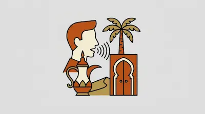 Flat illustration of a man speaking next to a palm tree, a traditional coffee pot, and an arched doorway in the desert.