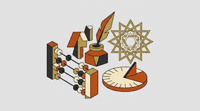 Flat illustration of an abacus, an inkwell with a quill, and a sundial in an isometric geometric style