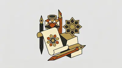 Flat illustration of calligraphy tools including a fountain pen, inkwell, and scroll with geometric star patterns