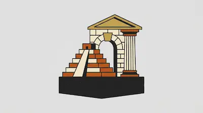 A stylized graphic featuring a step pyramid, an archway, and a classical column under a triangular roof.