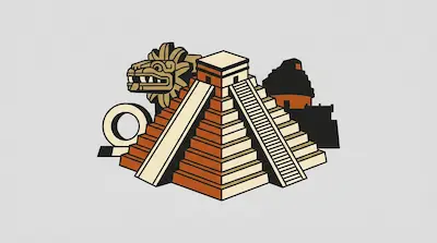 The El Castillo step pyramid with nine terraces beside a carved feathered serpent head, a stone ball court ring, and the round El Caracol observatory silhouette on a light gray background