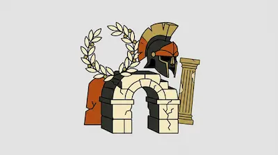 A laurel wreath, a crested helmet, a stone archway, and a fluted column.