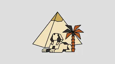 A pyramid, the Great Sphinx, and a palm tree in a minimalist, geometric style.