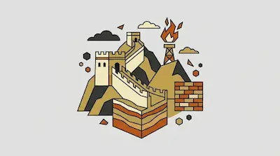 A section of the Great Wall with battlements and a watchtower climbing a steep mountainside beside a rammed earth cross-section and a signal fire beacon on a light gray background