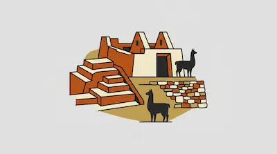 Terracotta-colored stone ruins with two black llamas standing on different levels.