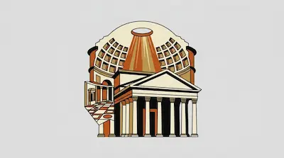 The Pantheon with a coffered dome and oculus beam of light, Corinthian columns supporting a triangular pediment, and a checkerboard marble floor section on a light gray background