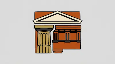 A stylized classical building with a triangular pediment and columns in orange and tan.