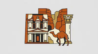 A camel stands in front of a stylized Treasury at Petra and a tall column.