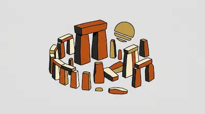Flat illustration of a circular stone monument with orange and tan blocks under a golden sun on a gray background