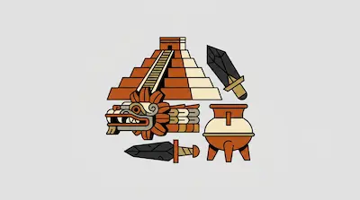 Flat illustration of a Mayan pyramid, a feathered serpent head, obsidian daggers, and a clay pot on a gray background