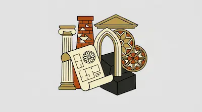 A collection of architectural elements including a classical column, a brick tower, a pointed arch, and a blueprint scroll.