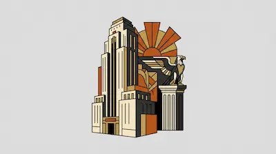 A geometric Art Deco design featuring a tiered skyscraper, a stylized eagle on a fluted column, and a rising sun.