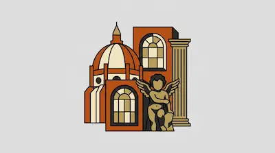 A terracotta dome, a classical column, and a cherub statue are grouped together.