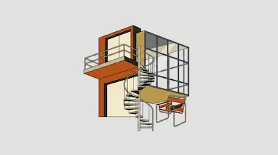 A minimalist architectural structure with orange and tan walls, a spiral staircase, and a glass-walled room. A modern chair sits in the foreground against a plain gray background.