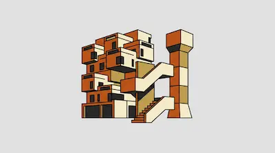 A stylized architectural illustration of a modular building complex made of stacked orange and cream blocks with external stairs and a separate tower.