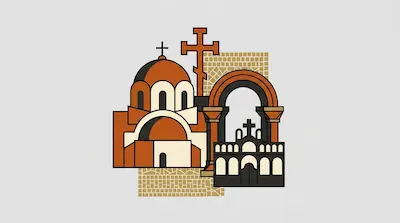 A Byzantine domed church with pendentives and crosses, a round arch with columns, a gold mosaic tile pattern, and an iconostasis screen silhouette on a light gray background