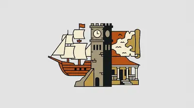 Flat illustration of a sailing ship, a clock tower, and a map scroll on a light gray background with orange accents