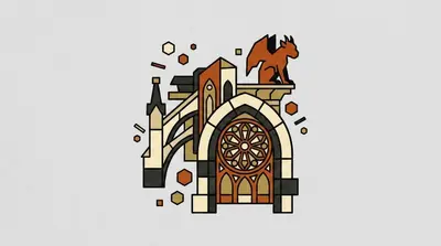 A pointed arch with a circular window, a winged creature perched above, a curving buttress, and a narrow spire.