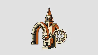 Flat illustration of a gothic arch, a tall church spire, and a stone gargoyle statue in orange and cream tones