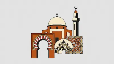 A domed mosque with a minaret and crescent finial beside a horseshoe arch with red and white voussoirs, a muqarnas vault detail, and a geometric tile pattern on a light gray background