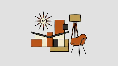 Flat illustration of mid-century modern furniture including a sunburst clock, a tripod lamp, and an orange lounge chair