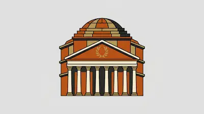 A stylized classical building with a dome, a laurel wreath on the pediment, and white columns.