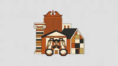 A skyscraper with a Chippendale pediment, a polychrome striped column, giant binoculars as a building entrance, and a gable-roofed house with colored panels on a light gray background