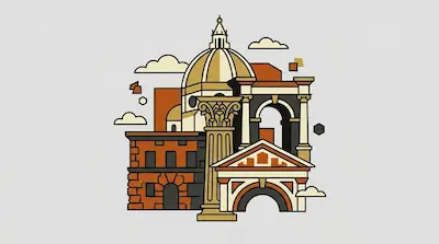 A domed cathedral with a lantern, a Corinthian column, a rusticated palazzo facade, and a triangular pediment above a semicircular arch on a light gray background