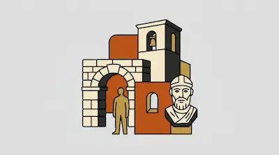 Flat illustration of a stone archway, a bell tower, and a bearded male bust in earth tones on a gray background