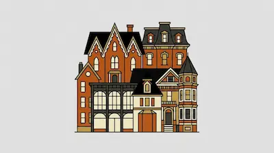 A cluster of Victorian buildings with Gothic gables and gingerbread trim, a glass-and-iron arcade, a mansard-roofed facade, and a Queen Anne turret on a light gray background