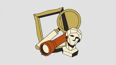 Flat illustration of a gold frame, a magnifying glass, a red flashlight, and a geometric bust on a gray background
