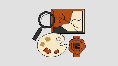 Flat illustration of a magnifying glass, a cracked painting, and an artist palette on a light gray background