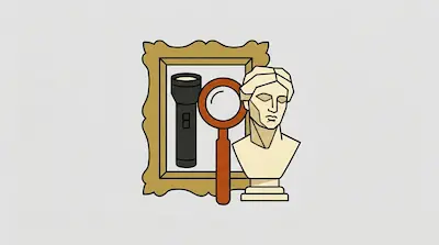 Flat illustration of a gold picture frame, a black flashlight, a magnifying glass, and a marble bust on a gray background