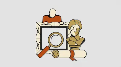 Flat illustration of a person behind a frame, a cracked classical bust, a magnifying glass, and a scroll