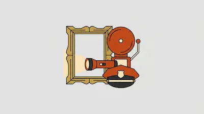 Flat illustration of a gold picture frame, a red alarm bell, a flashlight, and a police hat on a light gray background