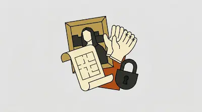 Flat illustration of a framed portrait, a floor plan scroll, white gloves, and a black padlock on a grey background