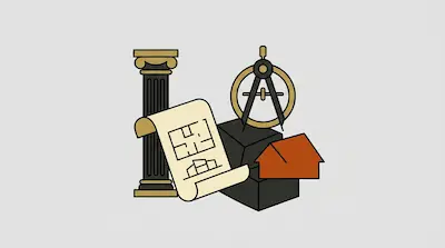 A collection of architectural icons including a classical column, a blueprint, a drafting compass, and a small orange house.