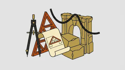 A compass, a triangular truss, a blueprint scroll, a stone archway, and a thick cable.