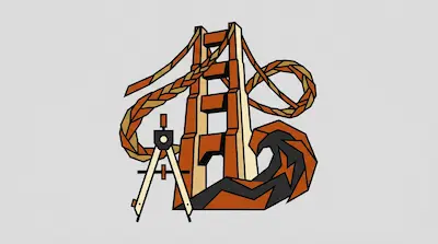 A geometric illustration of a bridge tower, a drafting compass, a braided cable, and a wave.