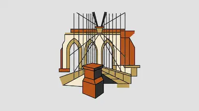 A geometric illustration of the Brooklyn Bridge featuring its iconic arches and suspension cables in shades of orange, tan, and black.