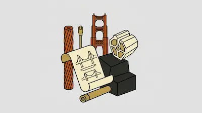A collection of icons including a bridge tower, a thick cable, a blueprint, and a cable cross-section.