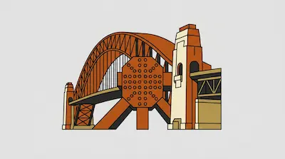 A stylized graphic of the Sydney Harbour Bridge in orange and cream, featuring a large octagonal rivet plate in the center.