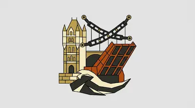 A geometric depiction of Tower Bridge with its drawbridge raised over a stylized wave.