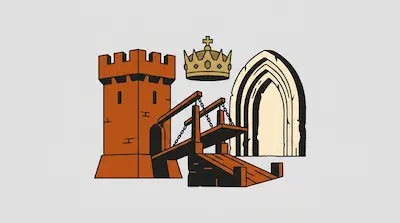 Flat illustration of a brown castle tower, a golden crown, and a stone archway on a light gray background