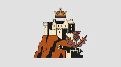 Flat illustration of a cream castle on a brown cliff with a crown, a thistle, and a cannon on a grey background