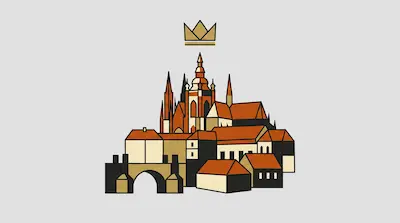 Flat illustration of a medieval city with orange roofs, a stone bridge, and a gold crown floating above a tall cathedral.